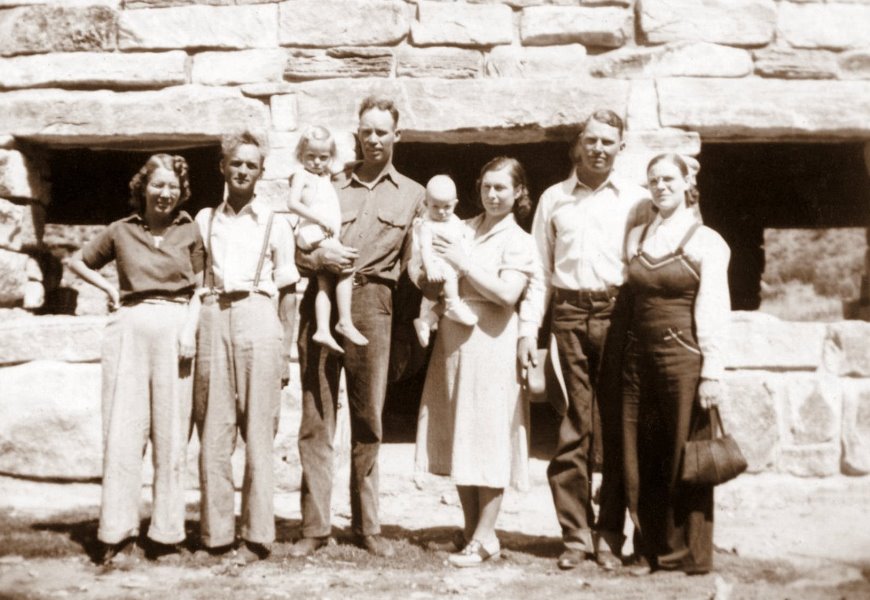 A family outing at Sitting Bull Lake, NM, August 1939; Jaurnita and Herman Epperson, Frances and Herman, Fred and Cleo, George and Mildred